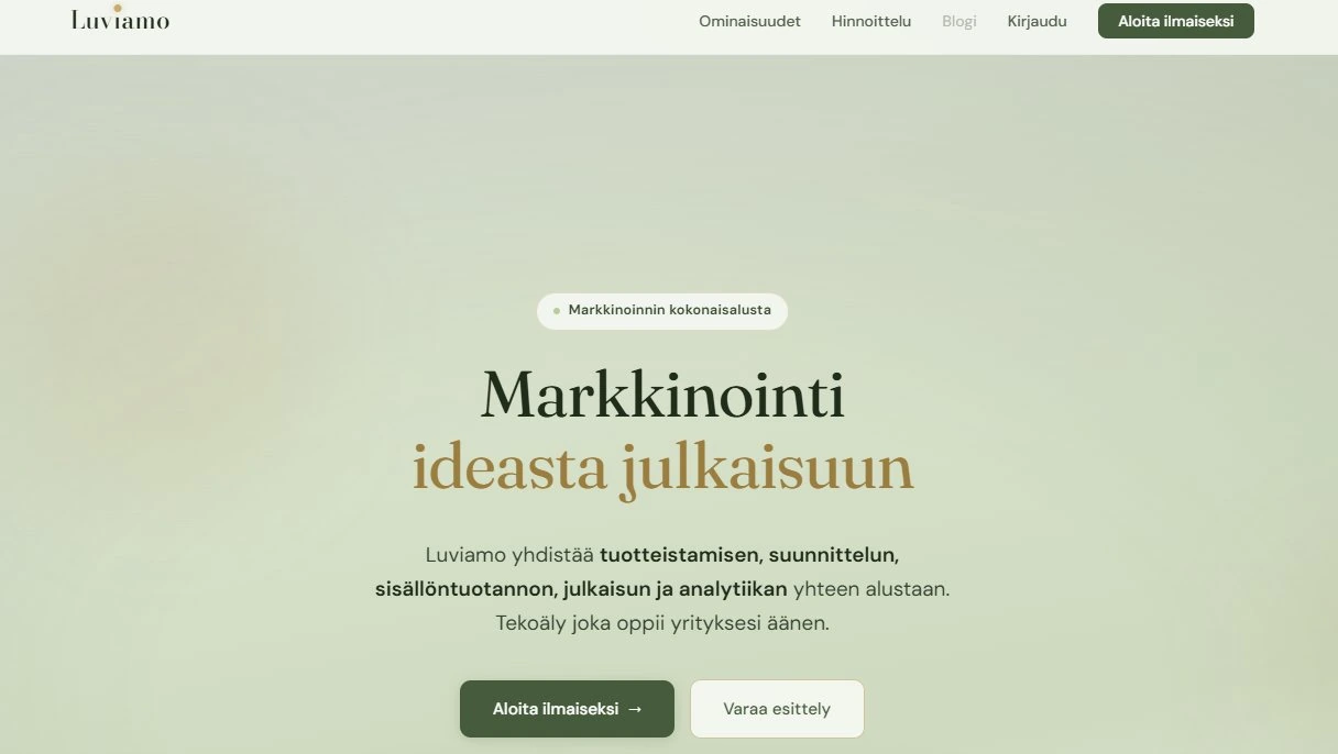Luviamo landing page in Finnish with the headline &lsquo;Markkinointi ideasta julkaisuun&rsquo;, a quiet birch-and-paper visual identity, and a two-track call to action