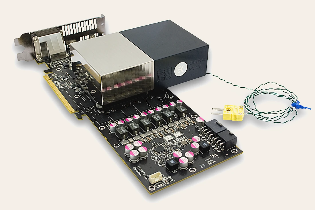 EK Water Blocks and SF3D Critical Point liquid nitrogen GPU pot on an AMD Radeon graphics card with a thermocouple attached