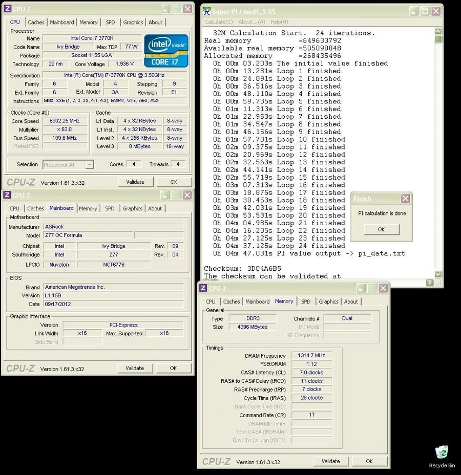 CPU-Z and Super Pi 1.5 XS windows showing an Intel Core i7 3770K Ivy Bridge at 6902.25 MHz completing the 32M calculation benchmark in 4 minutes 47 seconds