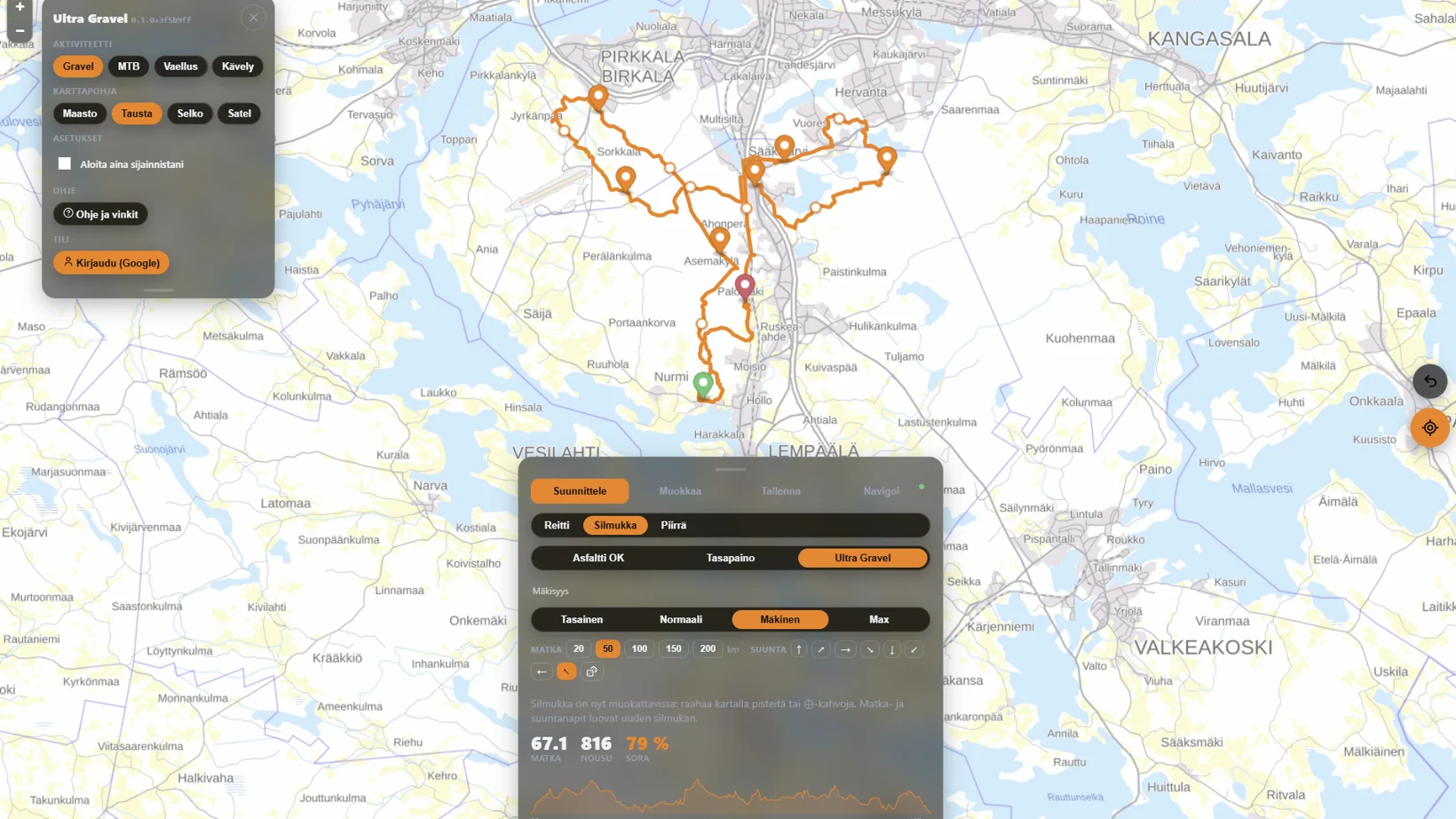 Ultra Gravel: a planned 67 km gravel loop around Tampere drawn on the map, with distance, climb, gravel share and an elevation profile
